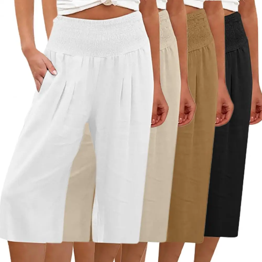 Women Summer Pants Solid Color Elastic Waist Wide Band Loose Breathable Mid-calf Length High Waist Women Cropped Pants