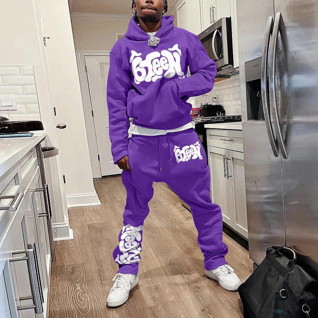 Mens Autumn Winter Hoodie Suit Twopiece 3D Printed Sportswear Casual Bell Pants Set Y2k Streetwear Clothing 240320
