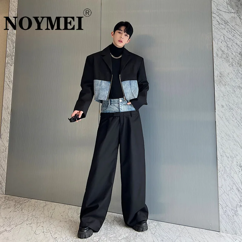 NOYMEI Two Denim Pieces Set Patchwork Men's Short Zipper Blazer Straight Wide Leg Casual Suit Pants Autumn 2024 New Chic WA2922