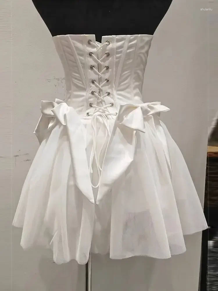 Casual Dresses DEIVE TEGER 2024 Summer Women'S A-Line Sheer Sexy Strapless Tight Mini Ball Dress With Backless Bow Formal Event Party