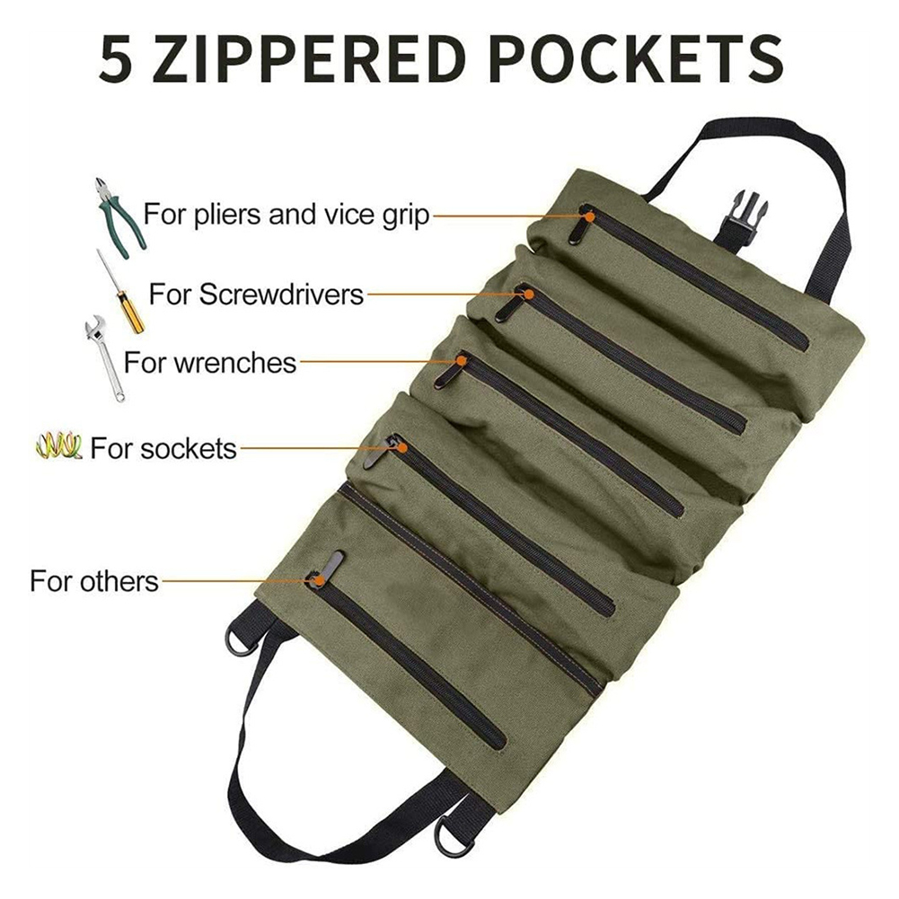 Multifunctional Roll Up Tool Bag Multiple Pockets Canvas Storage Bag Khaki/Black/Brown/Green Wrench Roll Pouch Hanging Tool Bag