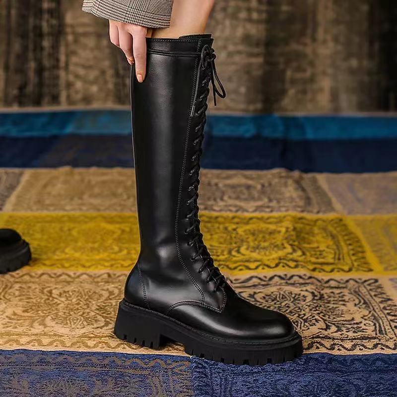 High Winter Knee Boots Platform Pu Leather Increasing Long Female Lace Up Booties Mujer 2023 Zip Women Shoes 715f
