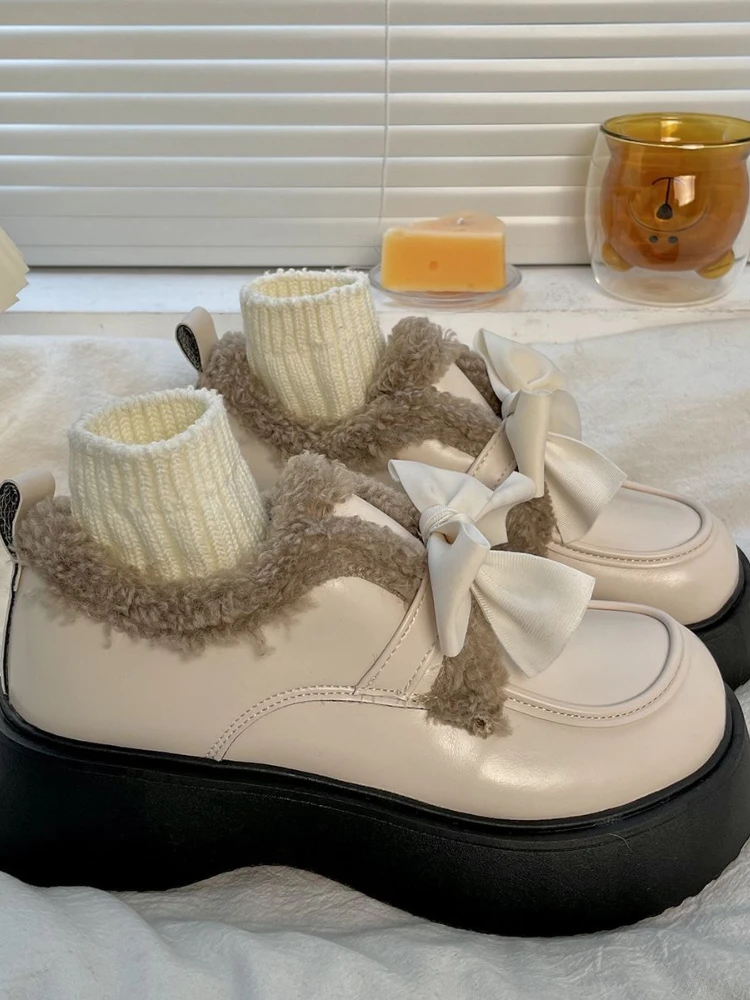 Winter Japanese Sweet Platform Shoes Women Warm Bow Vintage Kawaii new 2025 Plush Shoes Female Pure Color Casual Comfortable Shoes 2023