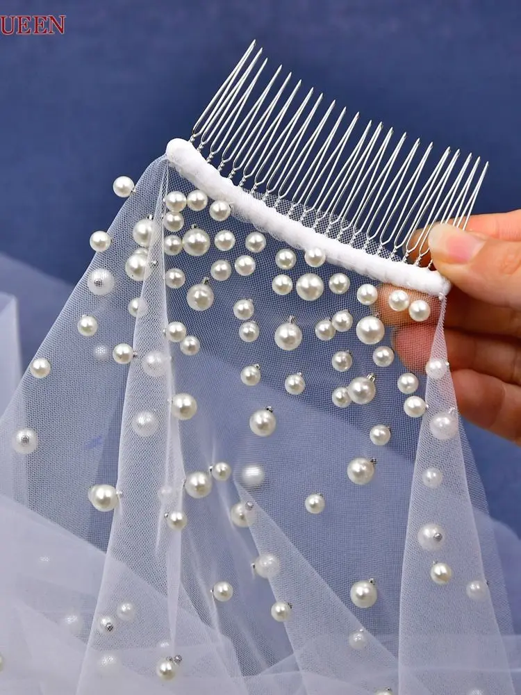 TOPQUEEN Elegant Pearls Bridal Veil Soft 1 new Tier Beaded Wedding Veil for Bride Simple Cathedral Length Veils 2025 with Comb v180