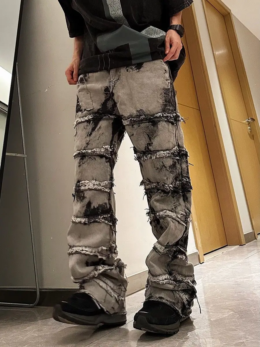 Street Goth Tie Dye Personalized Straight Jeans Men's Trendy Hip Hop Loose Casual Trousers Streetwear Rapper Style Pants
