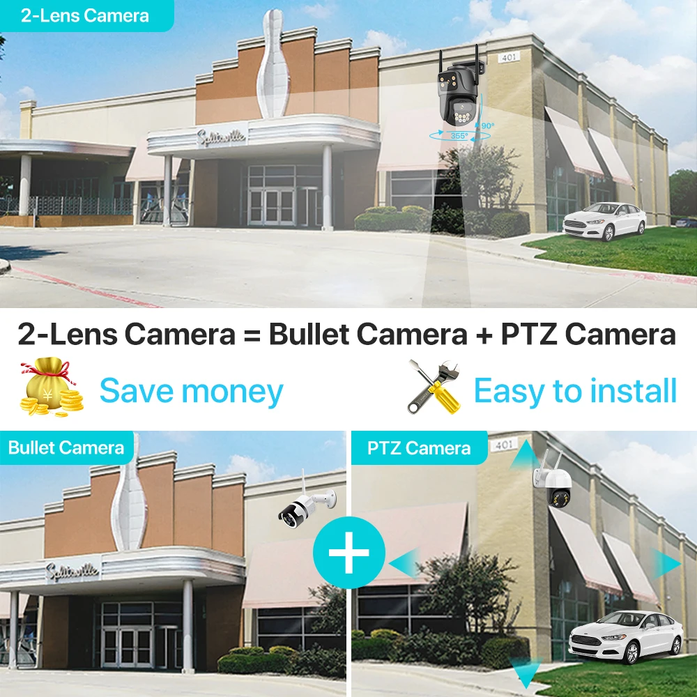4K HD Wifi Camera Outdoor Dual Lens Dual Screen 8MP 4MP Security PTZ Camera AI Auto Tracking CCTV Surveillance Cameras iCSee