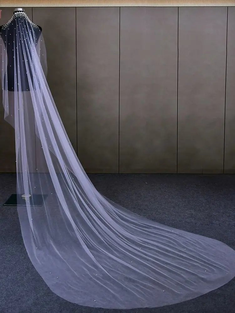 TOPQUEEN Elegant Pearls Bridal Veil Soft 1 new Tier Beaded Wedding Veil for Bride Simple Cathedral Length Veils 2025 with Comb v180