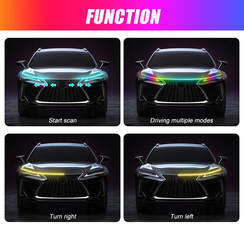 RGB LED Car Hood Light With Trun Signal APP Remote Control Daytime Running Lights Auto Decorative Atmosphere Ambient Lamp 12V