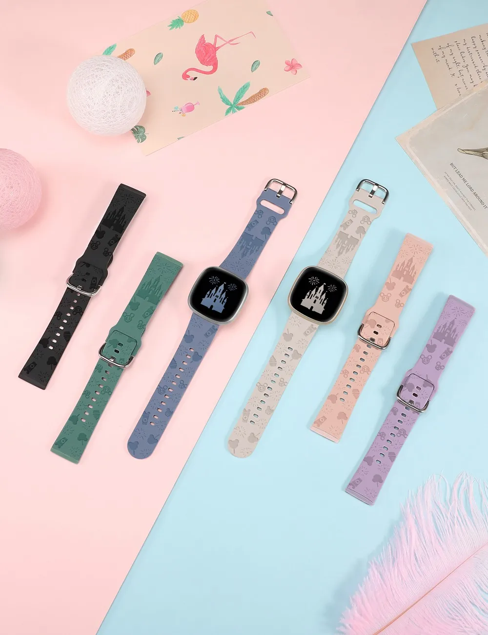 Wearlizer Castle Engraved Band for Fitbit Versa 4/Versa 3/Sense 2/Sense Women Soft Silicone Sport Solo Loop Strap for Versa 4