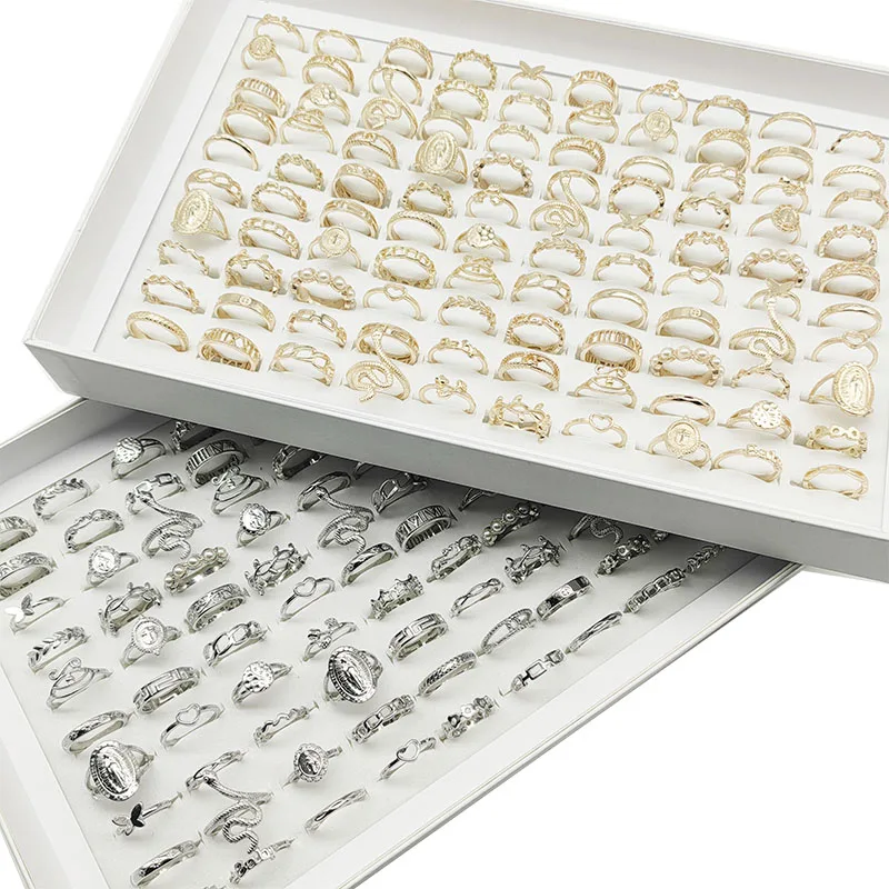30pcs/Lot Jewelry Factory New Mix Style And Size Finger Rings For Women Silver Gold Color Pearl Snake Flower Ring Party Decorate