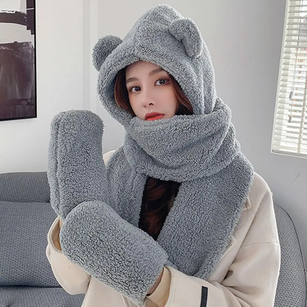 2023 Cute Bear Ear Hat Scarf Gloves Set Winter Women Beanies Caps Warm Casual Plush Hats 2025 new Casual Solid Fleece Girl Kawaii Gloves