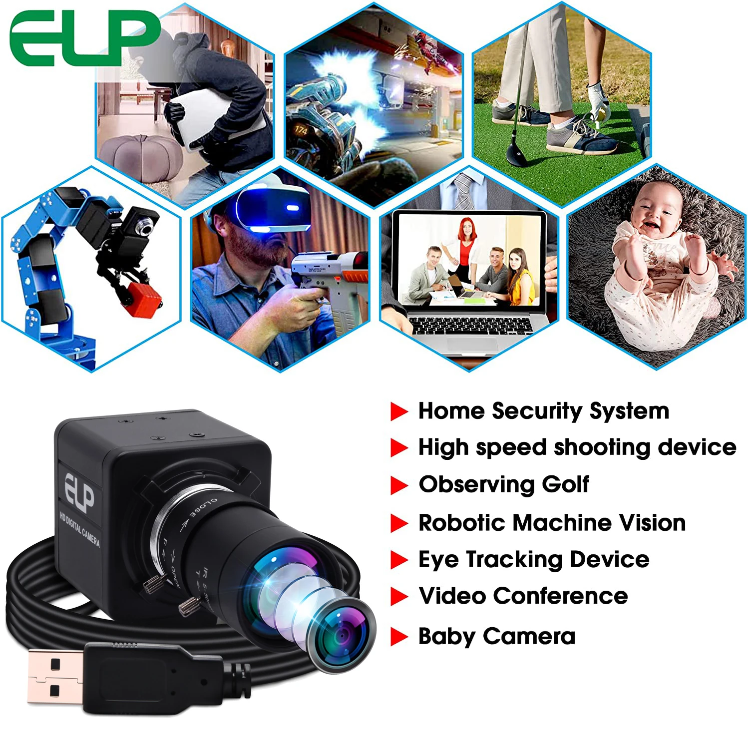 ELP 2MP 1200P 1080P High Speed 90FPS AR0234 Global Shutter Mini USB Camera with 5-50mm 10X Zoom Lens for Golf Sporting Recording