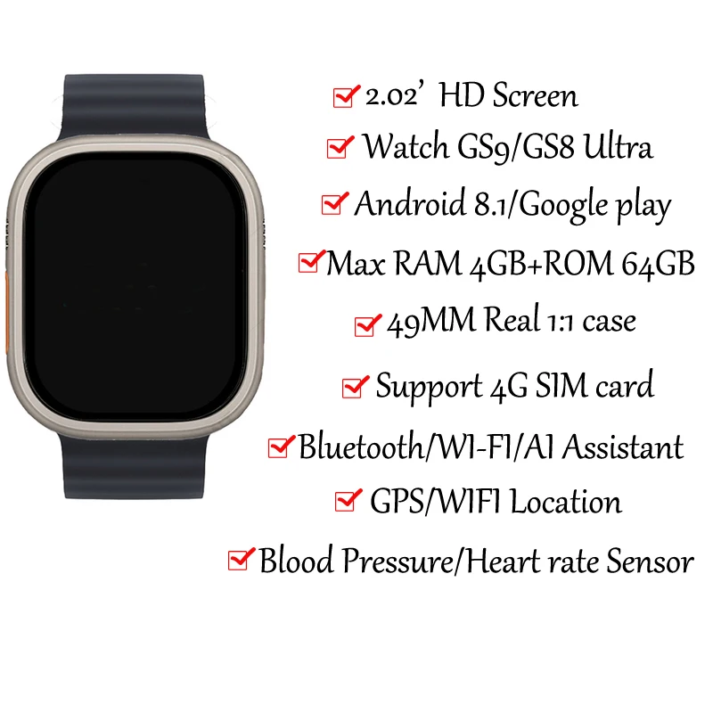 GS9 Ultra 4G SIM Card Smart Dual Camera GPS Trace Locator Adult Student Heart Rate Smartwatch Voice Video SOS Call Phone Watch