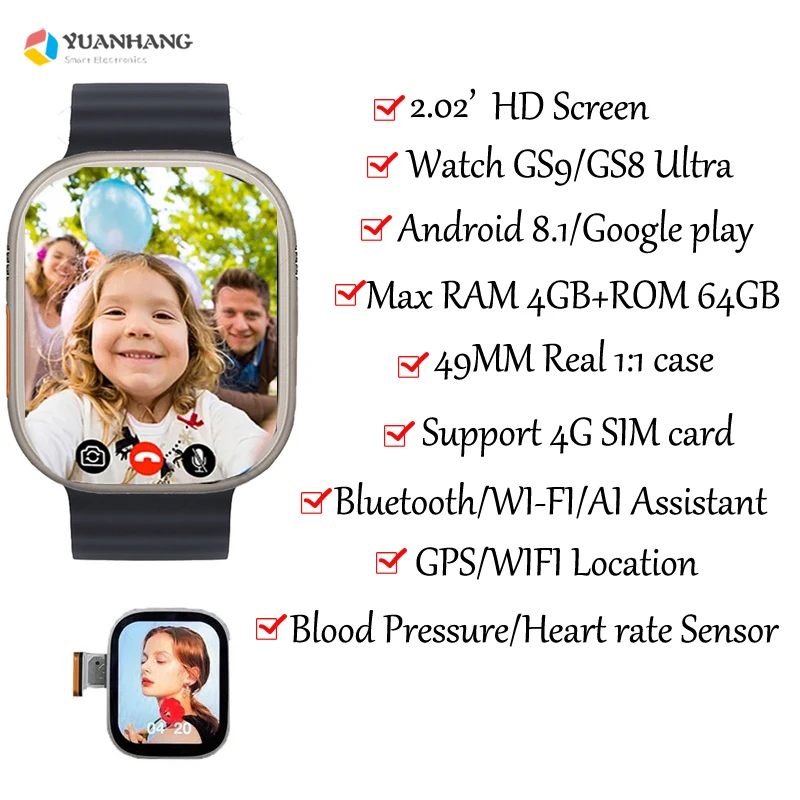 GS9 Ultra 4G SIM Card Smart Dual Camera GPS Trace Locator Adult Student Heart Rate Smartwatch Voice Video SOS Call Phone Watch