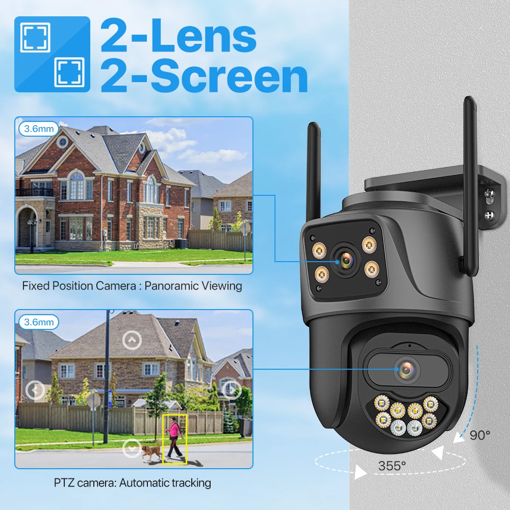 4K 8MP PTZ WIFI Camera Dual Lens Dual Screen IP Camera AI Human Detect 4MP HD Auto Tracking Security Camera iCSee Surveillance