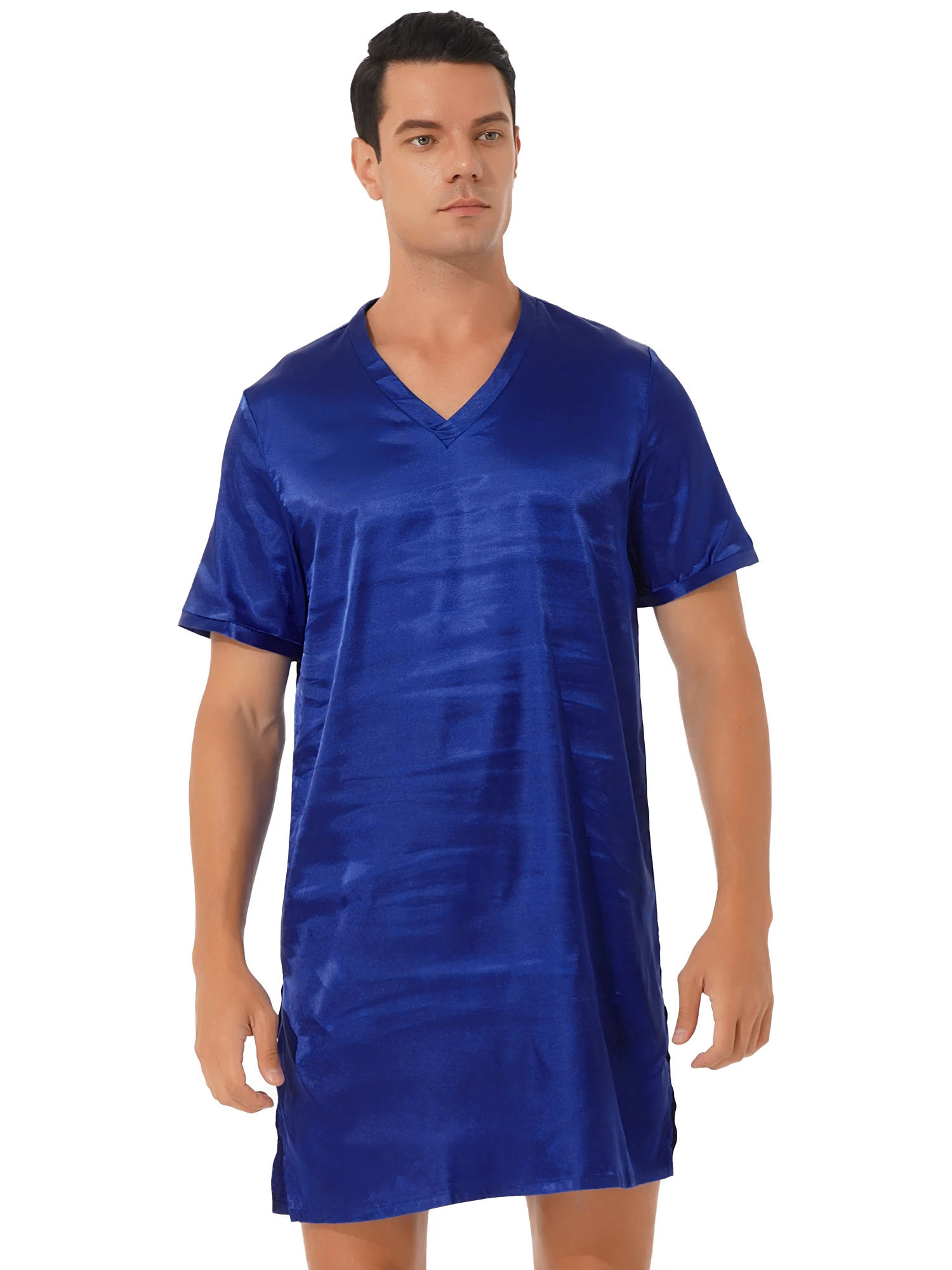 Sleepwear new Men's Silk 2025 Satin Nightshirt Nightclothes Soft Loose Short Sleeve Pamas Nightgown Summer Night Shirts for Sleeping