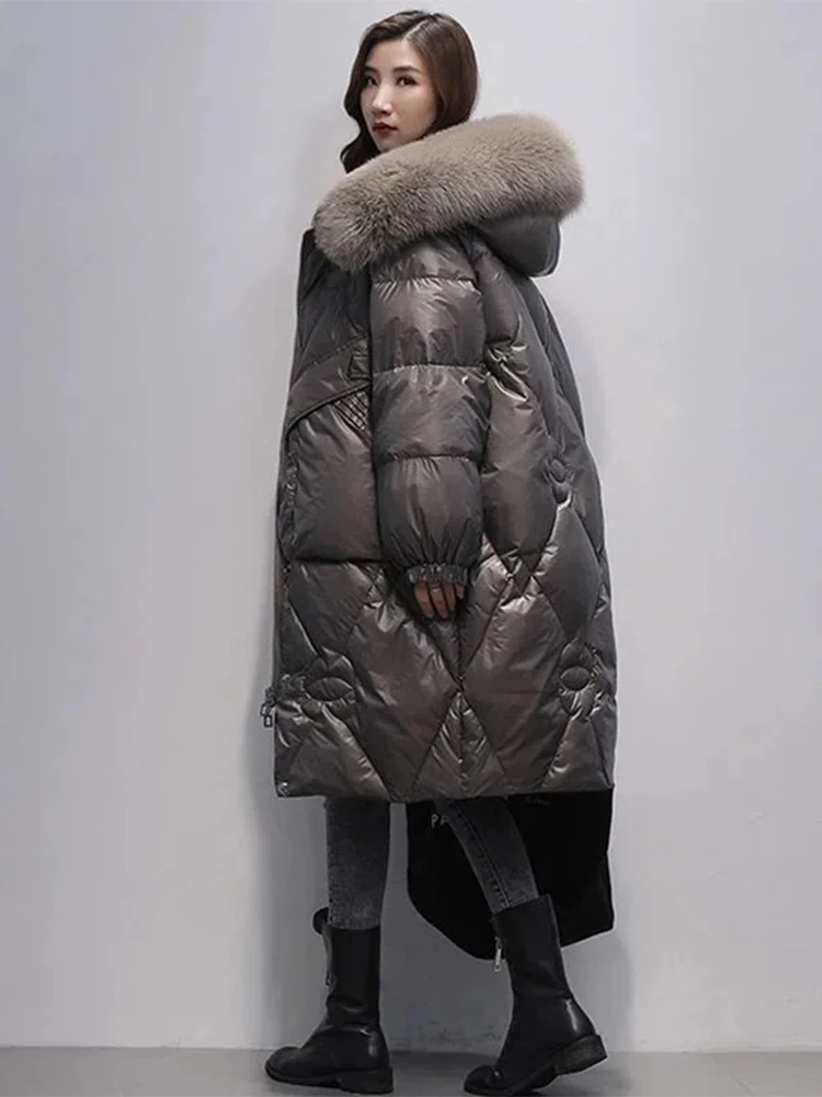 Women Winter Long Big Fur Collar Down Jackets for Women Large Size 2XL Down Jackets 2025 Women new Loose Long Knee Padded Down Parke