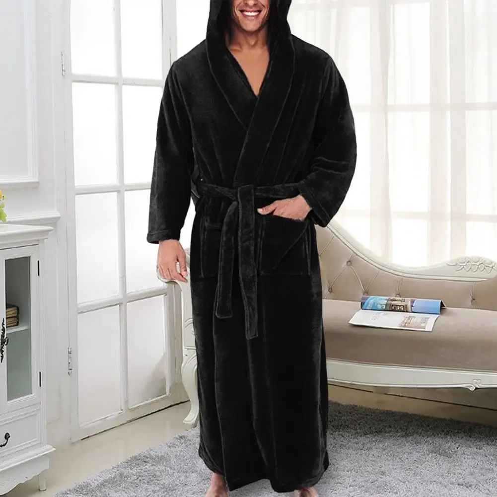 Waist Lace-up Ankle Length Anti-freeze Male Thickened Plush Nightgown Robe Pajamas Fleece Nightgown for Bedroom