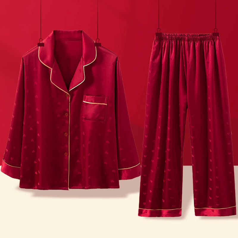 Spring Autumn Women's Silk Stain Pamas Set Cute Love Print Top and Pants Pjs Chinese new Lucky Red 2025 Lounge Sets Home Wear Set Lady