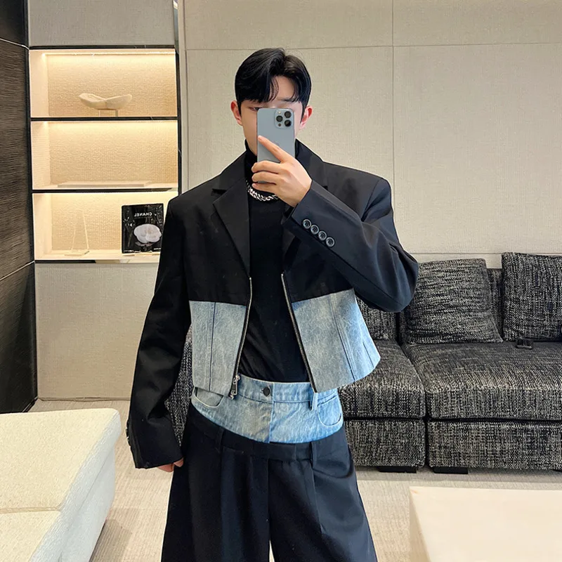 NOYMEI Two Denim Pieces Set Patchwork Men's Short Zipper Blazer Straight Wide Leg Casual Suit Pants Autumn 2024 New Chic WA2922