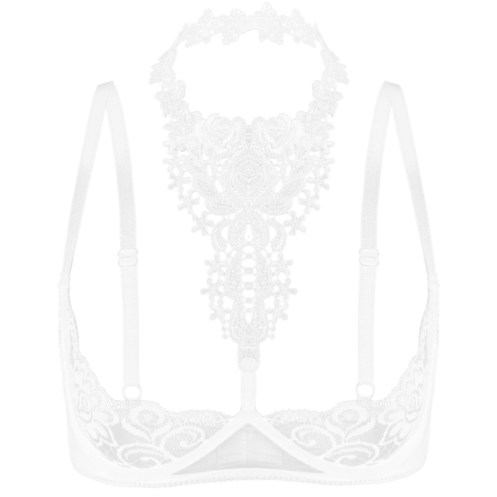 Women See-through Floral Lace Sheer Underwired Push Up Bra Tops Halter Bare Breast Underwear for Lingerie Night Honeymoon