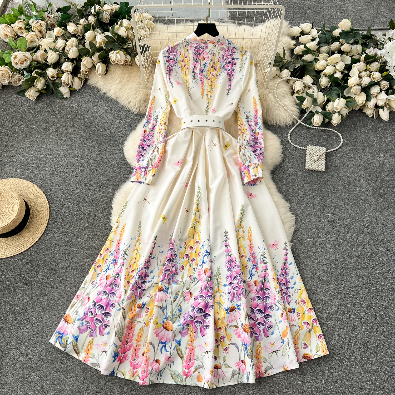 Basic Casual Dresses 2024 Summer Holiday Lavender Flower Dress Women Bow Collar Long Sleeve Floral Print Belt Single Breasted Belt Long