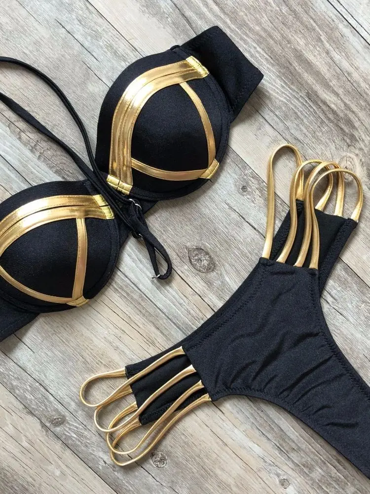 Black Bandage Swimsuit 2023 Sexy Brazilian Bikini Push Up Swimwear Women Micro 2025 new Bikinis Plus Size Beachwear Shiny Gold Beachwear