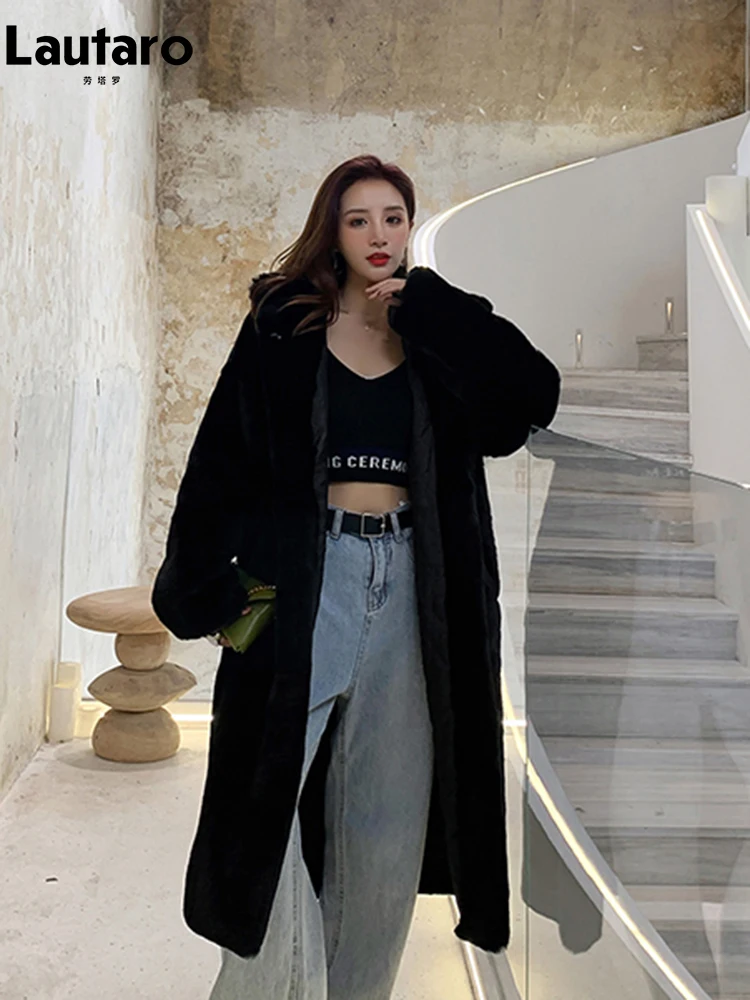 Lautaro Winter Long Loose Casual Windproof Soft Thick Warm Fluffy Green Black Faux Fur new 2025 Coat Women with Hood Furry Overcoat 2023