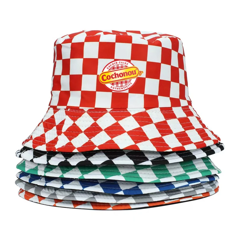 Topi Bob Cochonou kotak-kotak merah cantik wanita, topi ember musim panas dewasa kasual katun reversibel luar ruangan grosir
