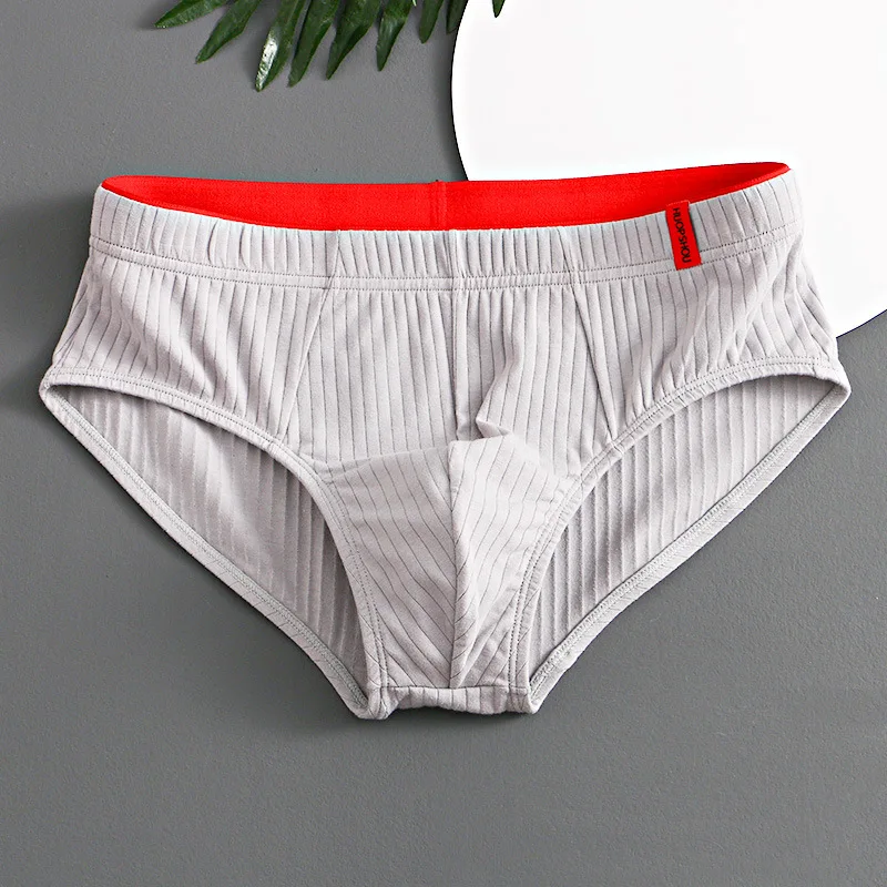 Men's Convex Pouch Briefs Youth Comfortable Underwear Breathable Panties Stripe Lingerie Solid Elastic Underpants Random Color