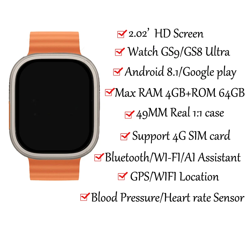 GS9 Ultra 4G SIM Card Smart Dual Camera GPS Trace Locator Adult Student Heart Rate Smartwatch Voice Video SOS Call Phone Watch