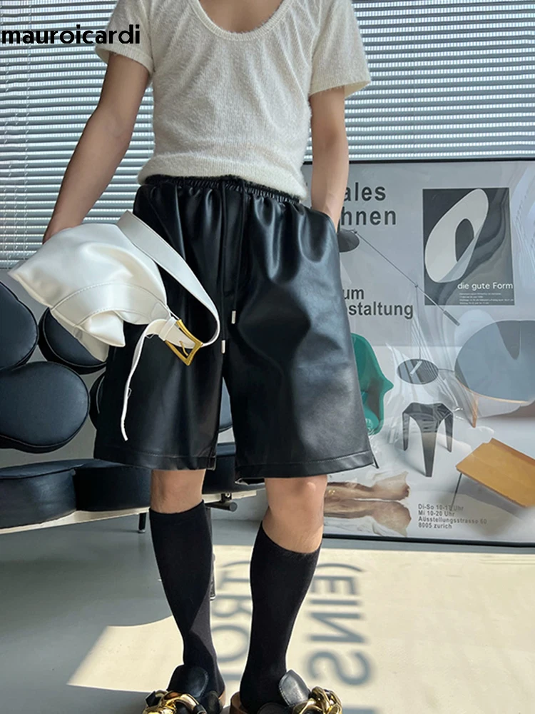 Mauroicardi Summer Loose Casual Soft Black Pu Leather Straight Shorts for Men Elastic Waist Drawstring Korean Style Clothes 2023