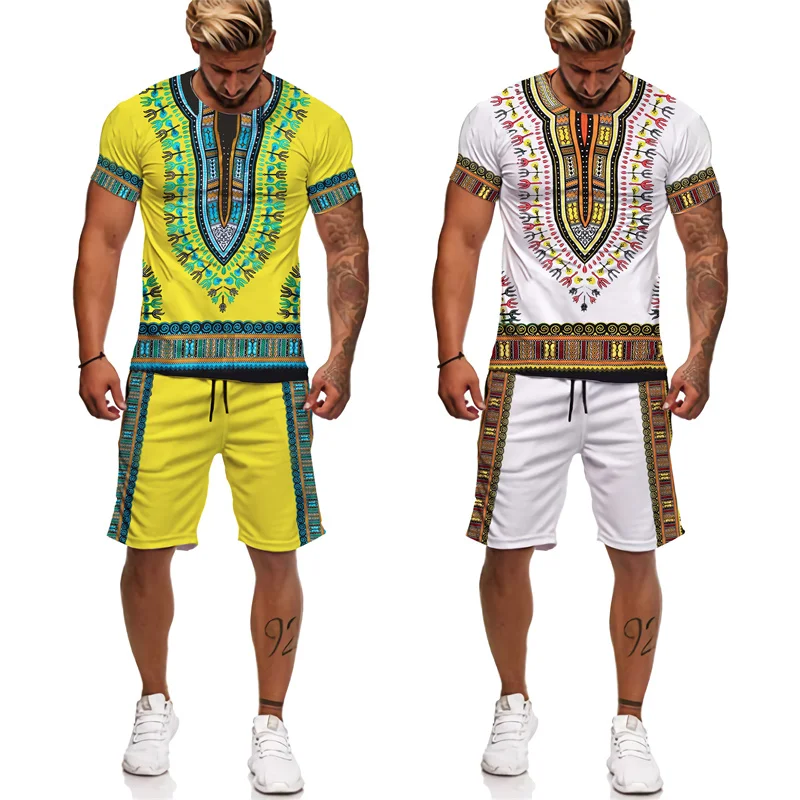 African Print Couple Clothes Dashiki Ethnic Style Tee/Set Traditional Wear Street Clothing Vintage Men Women T-Shirt&Shorts Suit