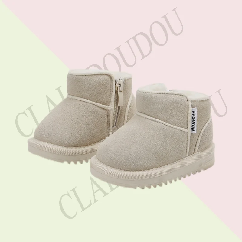 Brand Genuine Leather Kids Snow Boots For Boys Girls Solid Suede Zip Ankle Boots With Thick Plush 0-3years Toddler Winter Shoes