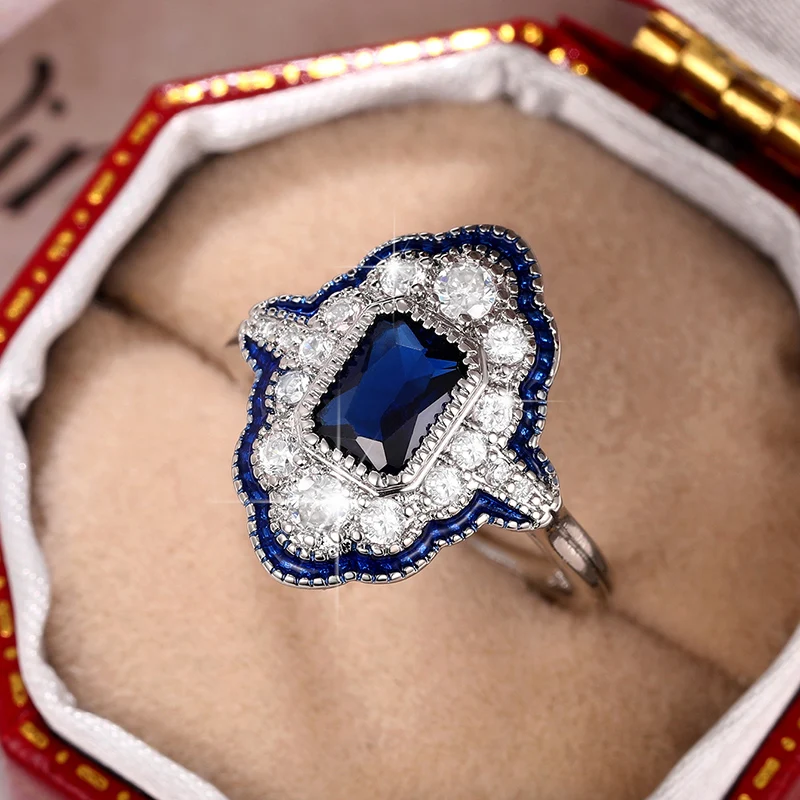 Huitan Retro Blue Rings Women Anniversary Evening Party Dazzling Cubic Zirconia Silver Color Elegant Lady's Ring Vintage Jewelry