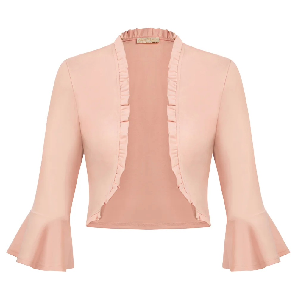 Belle Poque Women 2025 Vintage Ruffled Trim Shrug 3/4 Bell Sleeve Open Front Cropped Bolero Cover Up Slim new Shrug Solid Spring Cardigan
