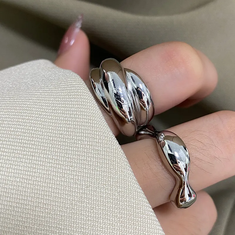 LIVVY New Sier Color Minimalist Smooth Irregular Waves Opening 2025 Adjustable Ring For Women Index Finger new Jewelry Accessories Gift