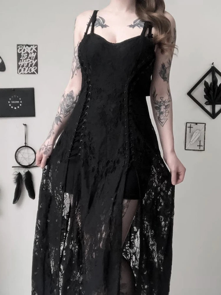 Goth Dark Split Mall Gothic Lace Sexy Bandage Midi Dresses Women Grunge 2025 Aesthetic Black Punk Sling Partywear new Alternative Clothes