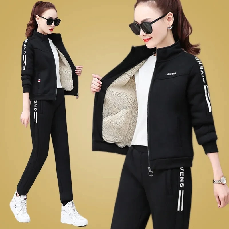 Faux Lambswool Zip Up Sweatshirt Casual Warm Fleece Pant Suit Autumn Winter Plus Velvet Thick Hooded Tracksuit Women 2 Piece Set
