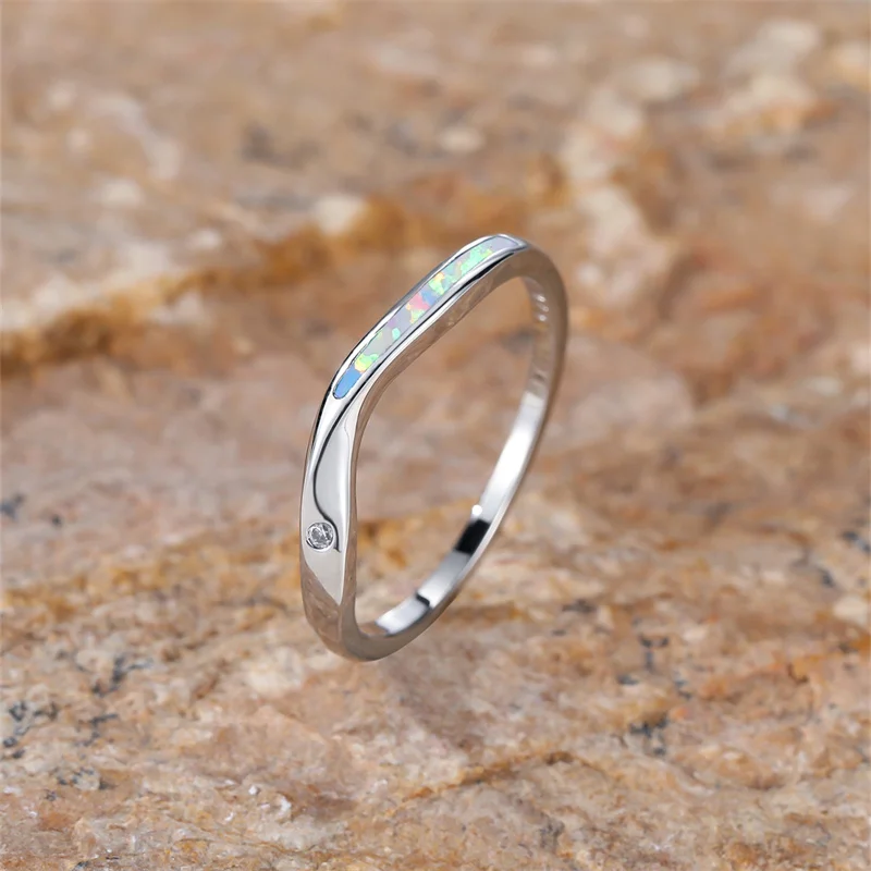 Luxury Crystal Small Round Stone Ring White Blue Opal Engagement Thin Rings For Women Rose Gold Silver Color Wedding Bands Gifts