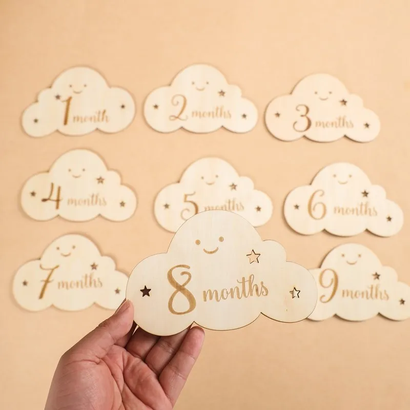 8pc Spanish Milestone Card for Newborn Cute Cloud Photography Props Wooden Baby Accessories Month Cards Sticker Newborn Gifts