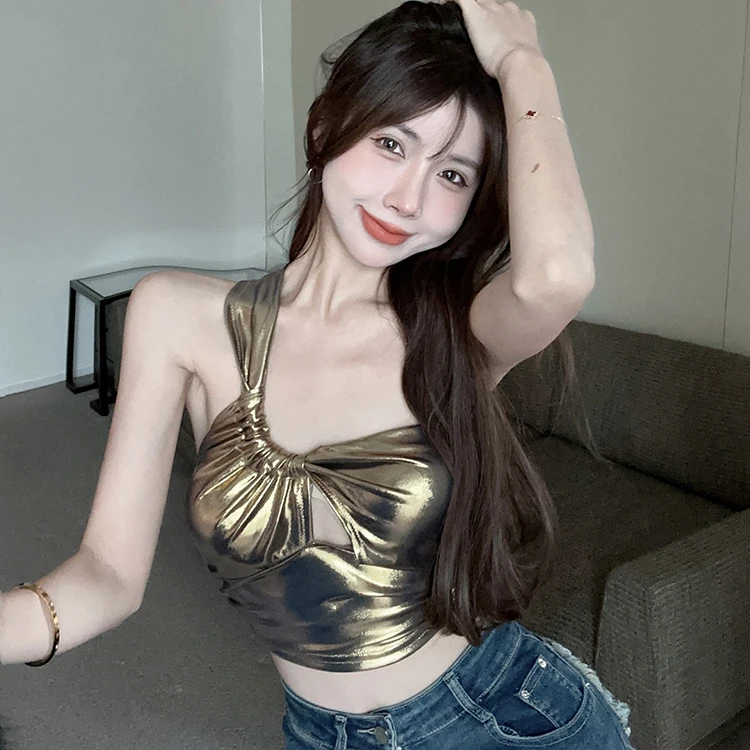 Summer Gold Satin Camisole Crop 2025 Top Women Single Strap Stretchy Tank Tops new Girls Irregular Tube