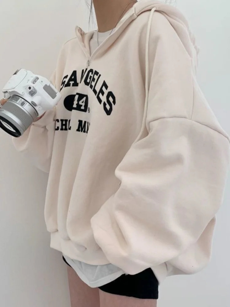 Women Kpop Loose Hooded Sweatshirts Half Zipper Pullover Long Sleeve Couple Top Harajuku Vintage Letter Printed Hoodies 240318