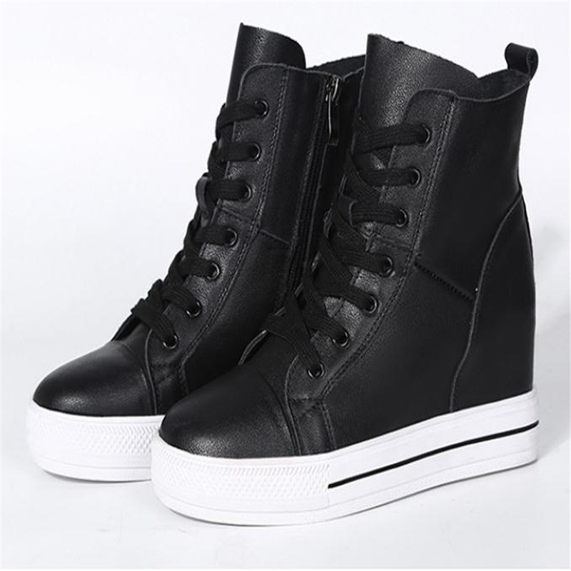 Women Genuine Leather 8cm Hidden Wedge Sneakers Platform Shoes High Heels Sneakers Woman Casual Shoes White Women Trainer