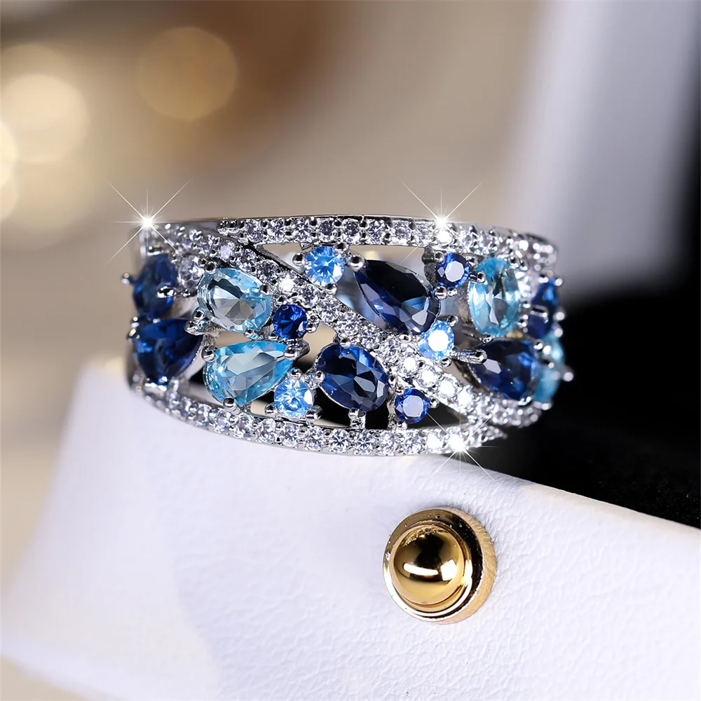 Royal Blue Crystal Water Drop Stone Ring Simulated Aquamarine Engagement Rings For Women Vintage Silver Color Wedding Party Band