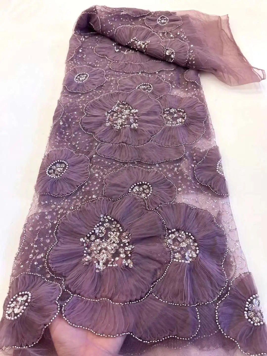 2023 Latest African 3D Flower Lace Fabric Dubai Sequins Tulle Lace Fabric Embroidered Applique Nigerian Groom Fabric For Sewing