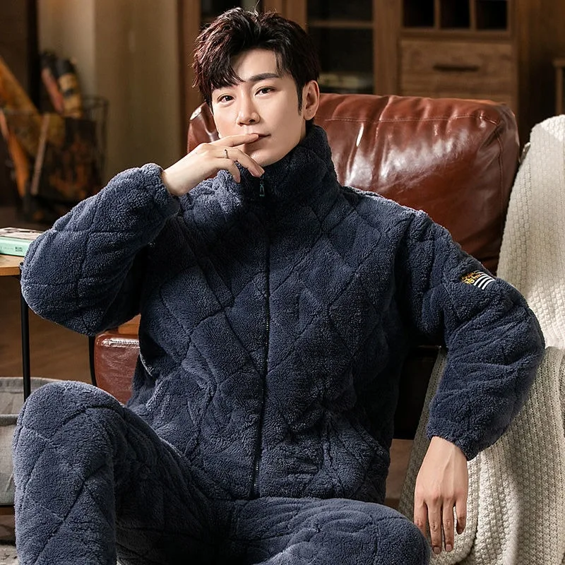 2023 New Autumn Winter Style Coral Velvet Men Stand Collar Pajamas Three-layer Quilted Thickened Flannel Home Clothes Warm Suit