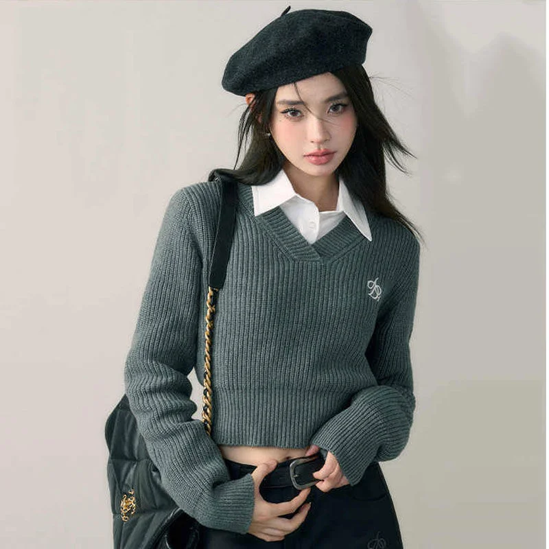new Deeptown Haruku Basic Black Cropped Sweater Women 2025 Vintage Korean Style Slim Gray Long Sleeve Knit Jumper Female Preppy Fashion