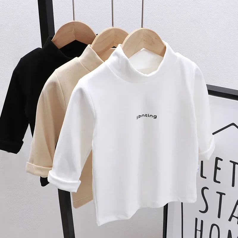 Autumn Winter Children Kids Boys Girls T-shirts Tops Turtleneck Solid Long Sleeve Warm Fleece Bottoming Shirts Tees for Kids