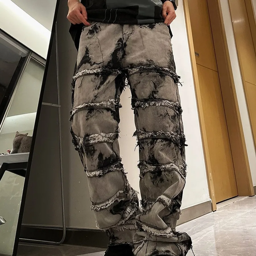 Street Goth Tie Dye Personalized Straight Jeans Men's Trendy Hip Hop Loose Casual Trousers Streetwear Rapper Style Pants